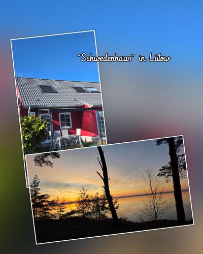 a collage of pictures of a house and a sunset at Schwedenhaus, Am Achterwasser, Urlaub mit Hund in Lütow