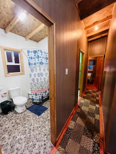 a bathroom with a toilet and a hallway at Casa alojamiento Peumallen in Puerto Varas
