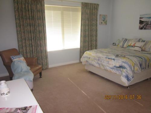 ein Schlafzimmer mit einem Bett, einem Stuhl und einem Fenster in der Unterkunft Cusack's of Albany in Albany