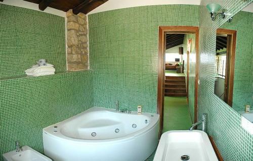 La salle de bains est pourvue de carrelage vert, d'une baignoire et d'un lavabo. dans l'établissement Relais Villa D'Assio, à Labro