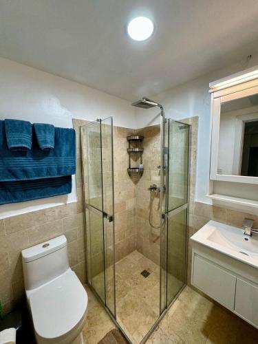 a bathroom with a shower and a toilet and a sink at JUAN DOLIO 2BR Beach front SALITRE across Club Hemingway in Juan Dolio
