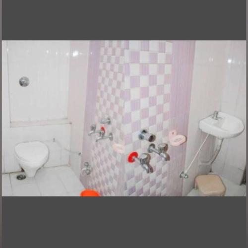 a bathroom with a shower and a toilet and a sink at Sai Gaurav Palace in Shirdi
