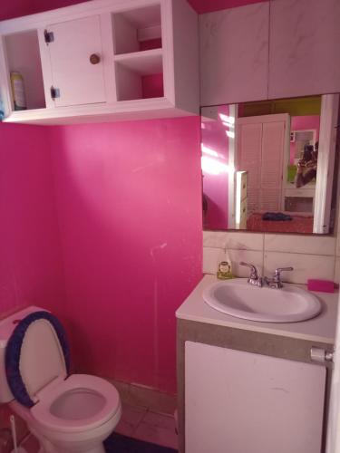 ein rosafarbenes Badezimmer mit Toilette und Waschbecken in der Unterkunft Queen room in Bridgetown
