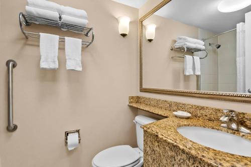 a bathroom with a sink and a toilet and a mirror at Clarion Inn North Haven - New Haven North in North Haven