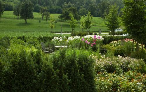 a garden with benches and flowers in a field at Frühstückspension Herzog zu Laah in Linz