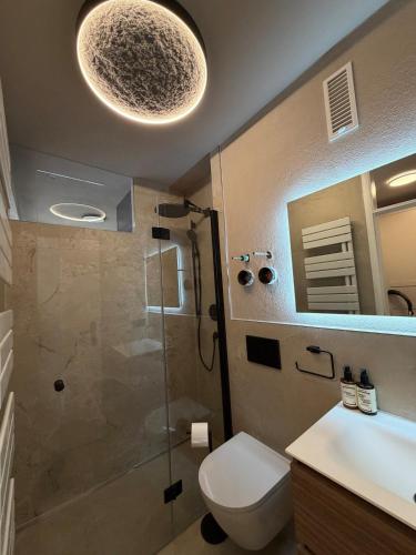 a bathroom with a shower and a toilet and a sink at MOREHOME Zentral Parkplatz Balkon nähe Therme in Bad Wörishofen