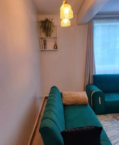 a living room with a green couch and a window at Esskayhomestays in Eldoret