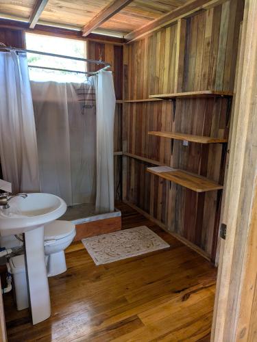 a bathroom with a toilet and a shower and a sink at Rancho Ecojoya Paradise Mountain working farm in nature in San Isidro de El General