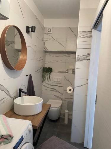 a bathroom with a sink and a toilet and a mirror at David 73 in Split