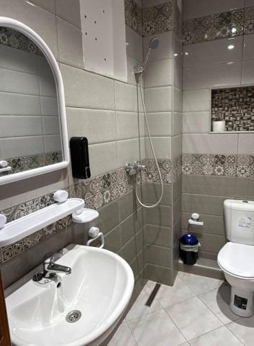 a bathroom with a shower and a sink and a toilet at Hôtel Dar Farhat in Tunis