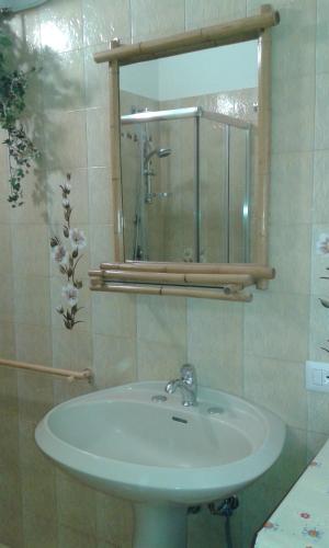 La salle de bains est pourvue d'un lavabo et d'un miroir. dans l'établissement La Fattoria Barbini B&B, à Viterbe