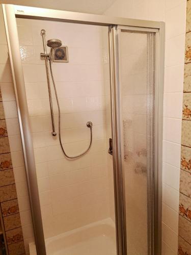eine Dusche mit Glastür im Badezimmer in der Unterkunft Gemütliche Fewo "Schellings Ruhe" in Sundern