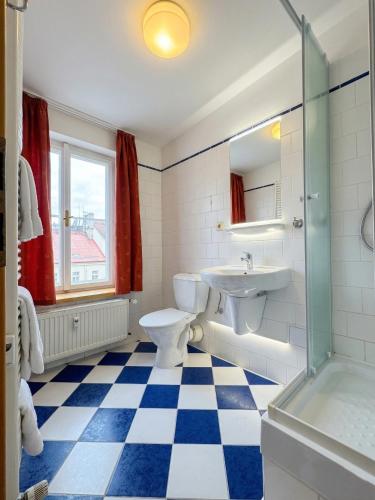 a bathroom with a toilet and a sink and a shower at Brezina Pension in Prague