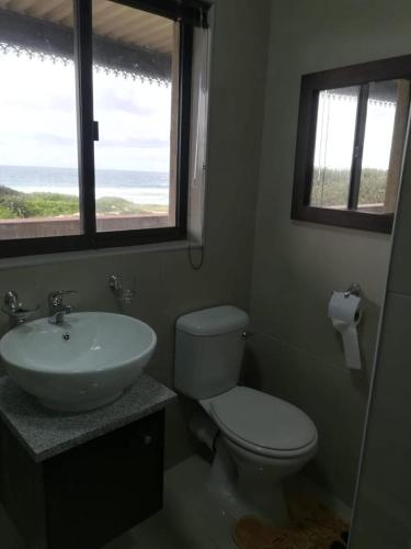a bathroom with a toilet and a sink and a window at Palmnut Lodge in Durban