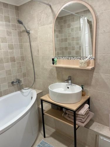 a bathroom with a sink and a tub and a mirror at Гнёздышко in Visaginas