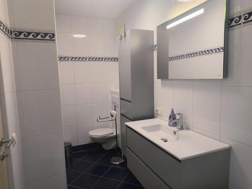 a white bathroom with a sink and a toilet at Apartment Alpenblick Lienz in Lienz