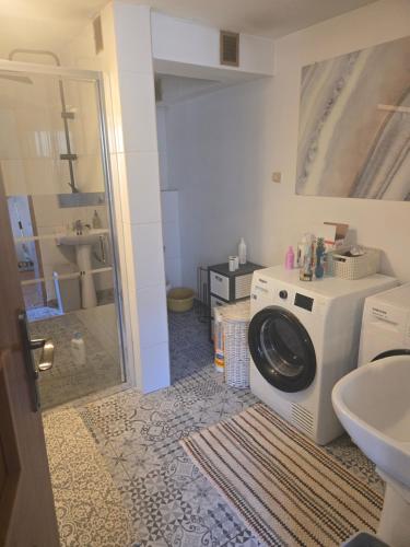 a bathroom with a washing machine and a sink at Domek Beskid Żywiecki in Rycerka Dolna