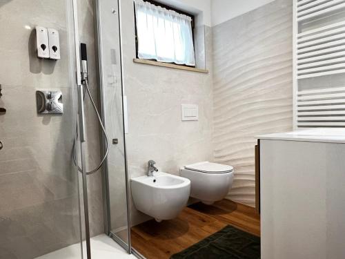 a bathroom with a shower and a toilet and a sink at Casa Primavera in Agordo