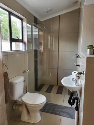 a bathroom with a toilet and a shower and a sink at Golf Road Guesthouse in Pietermaritzburg