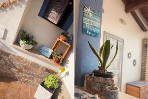two pictures of a room with plants and a fireplace at Vista mare Fiumicino-Beach&Fly Stay in Fiumicino