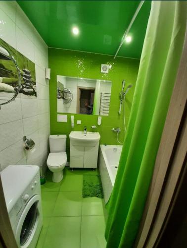 a green bathroom with a toilet and a sink at СУЧАСНА НОВА КВАРТИРА in Lutsk