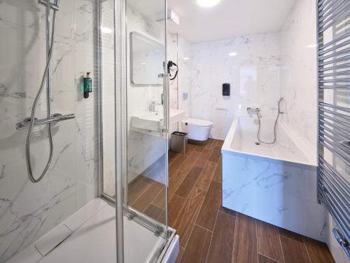 a bathroom with a shower and a sink and a toilet at Rezidence Třebíč in Třebíč