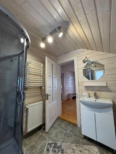 a bathroom with a sink and a shower at Карпатська Модрина in Kosiv