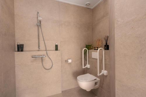 a bathroom with a shower and a toilet in it at De Vuursteen | 10 - 40 pers. in Losser