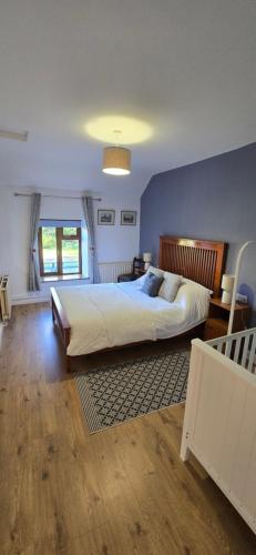 a bedroom with a large bed and a blue wall at Cherrymount Cottage in Newcastle