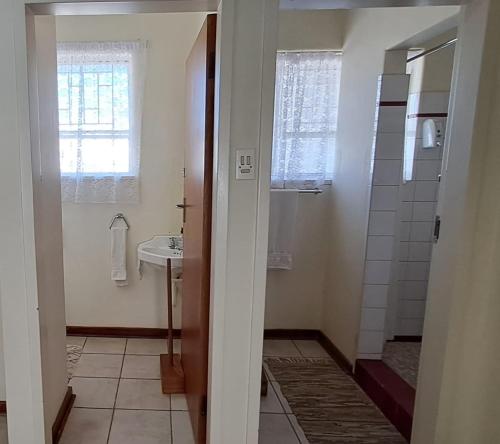 a bathroom with a sink and a shower and a mirror at 8 Austin Street Accommodation in Klerksdorp