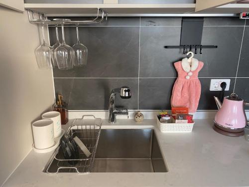 a kitchen sink with a pink dress hanging from a wall at 광안리 오션뷰 in Kwangan-dong