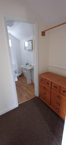 a bathroom with a sink and a toilet and a dresser at Brookside Lodge, central Dawlish in Dawlish