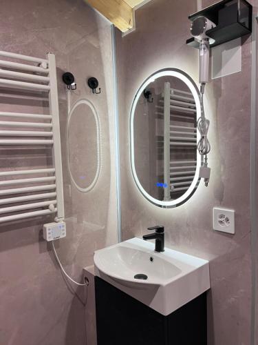 a bathroom with a sink and a mirror at B&B Chalet Grillkota in Trasadingen