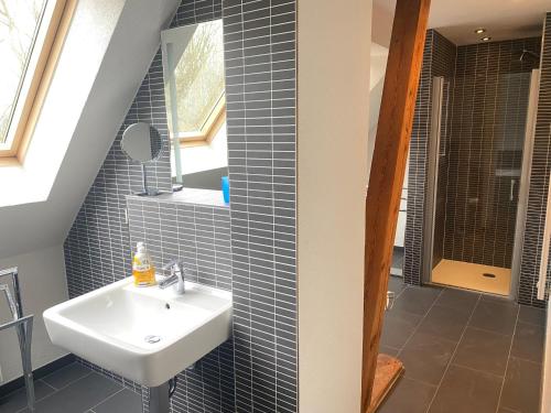 a bathroom with a sink and a mirror at Ferienhaus "Am Wald" in Behrenwalde