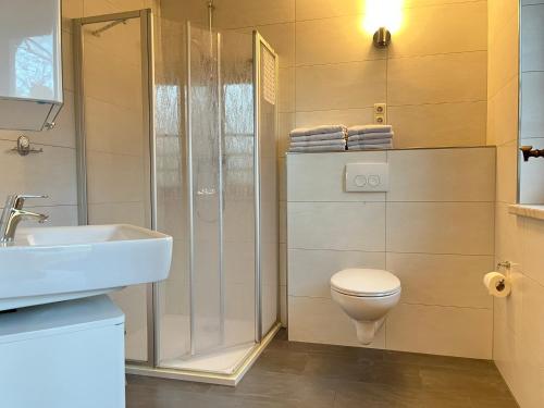 a bathroom with a shower and a toilet and a sink at Finnhaus Annika in Marlow