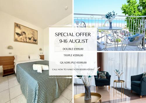 a collage of pictures of a hotel room with a bed and a balcony at Hotel B&B Nizza Riccione in Riccione