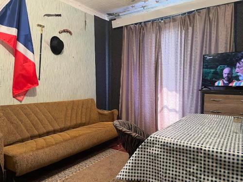 a living room with a couch and a tv at Enjoy Georgian Regions in Tʼetʼri Tsqaro
