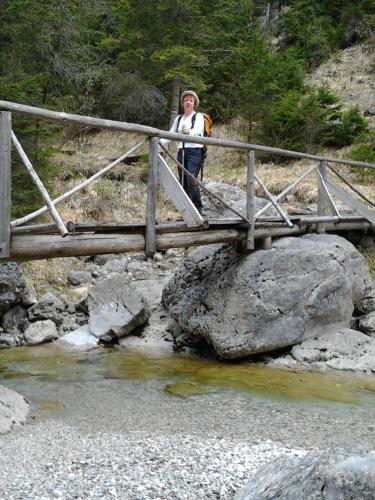 a woman standing on a bridge over a river at Eirl DOLOMITES Retreat Sappada in Sappada