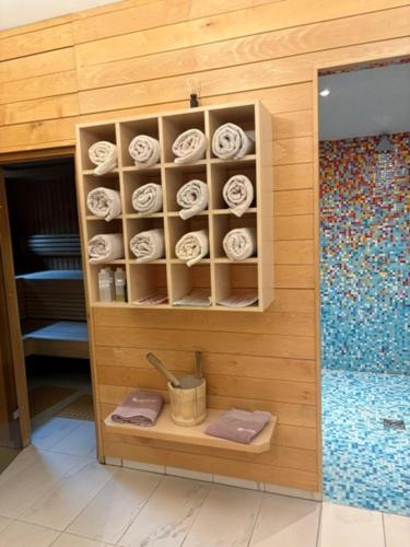 a room with a shower with towels and a towel rack at Villa Styria - Boutiquehotel mit Sauna und optionaler Halbpension in Bad Aussee