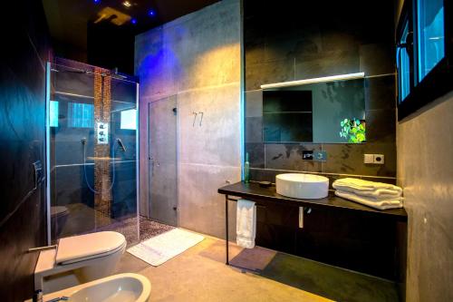 a bathroom with a sink and a shower and a toilet at Villa Lanperna in San Sebastián