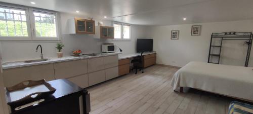 a kitchen with a bed and a sink in a room at La belle étape in Montbrison