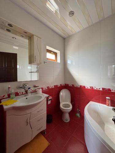 a bathroom with a toilet and a sink and a tub at Aisi Villa in Misakʼtsʼieli