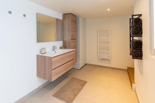 a bathroom with a sink and a mirror at BnB 26 in Blankenberge