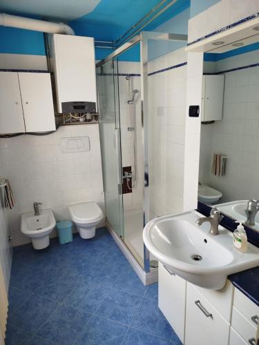 a bathroom with a sink and a shower and a toilet at Casa Vacanza ANNA in Viverone