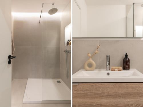 two pictures of a bathroom with a sink and a shower at The Japandi Escape - 2BR Duplex in Central Oxford in Oxford