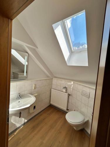 a bathroom with a toilet and a sink and a window at Halleluja mit Burgblick in Hellenthal