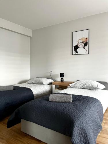 a bedroom with two beds and a picture on the wall at Mirabelka - domek in Podostrówek