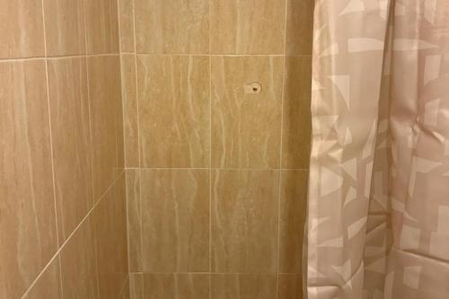 a bathroom with a shower with a shower curtain at Apartment Sleeps 2 in Leigh