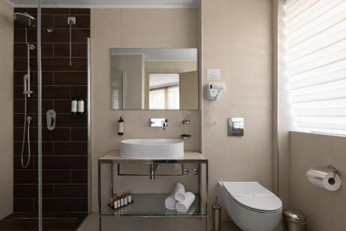 a bathroom with a sink and a toilet and a mirror at Alexandar Square Boutique Hotel in Skopje