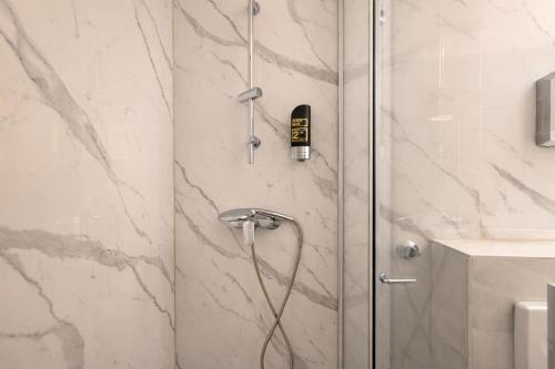 a shower with a hose in a bathroom at Hotel Hansahof Bremen in Bremen